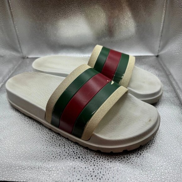 Size 10 - Gucci Pursuit Web Pool Beach Resort White Red Green Slides Sandals - Picture 1 of 9